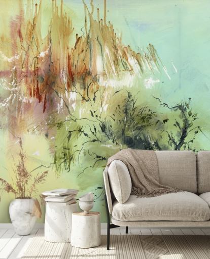 peinture murale abstraite de jardin personnalisable verte et marron appelée Gardens Joy par Anne Farrall Doyle