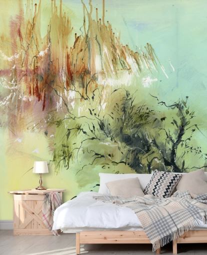 green and brown customizable abstract garden mural called Gardens Joy by Anne Farrall Doyle