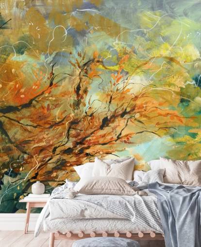 orange og grå tilpasselig abstrakt vægmaleri kaldet Shimmering Rays af Anne Farrall Doyle