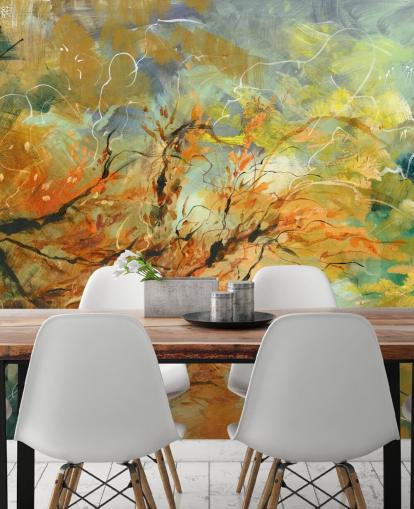 oranje en grijze aanpasbare abstracte muurschildering genaamd Shimmering Rays van Anne Farrall Doyle