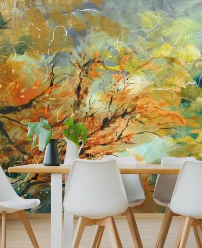 mural abstracto personalizable naranja y gris llamado Shimmering Rays de Anne Farrall Doyle