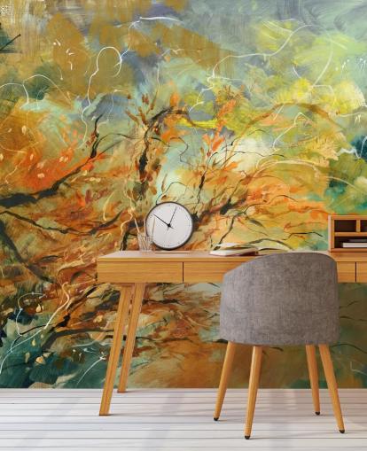 murale astratto personalizzabile arancione e grigio chiamato Shimmering Rays di Anne Farrall Doyle