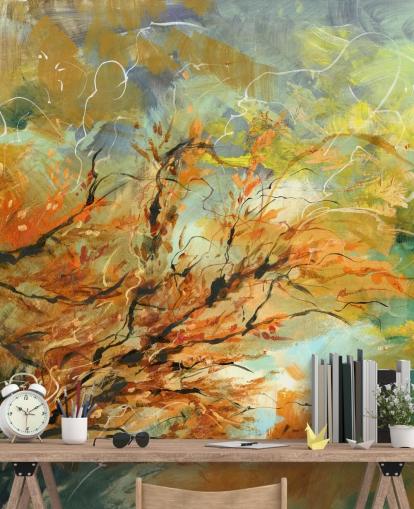 oranje en grijze aanpasbare abstracte muurschildering genaamd Shimmering Rays van Anne Farrall Doyle