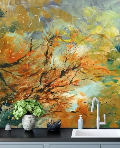 murale astratto personalizzabile arancione e grigio chiamato Shimmering Rays di Anne Farrall Doyle