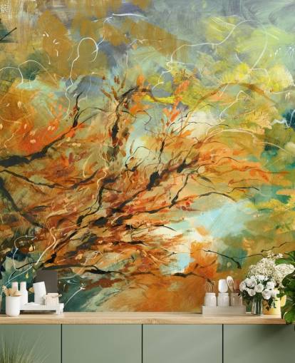 oranje en grijze aanpasbare abstracte muurschildering genaamd Shimmering Rays van Anne Farrall Doyle