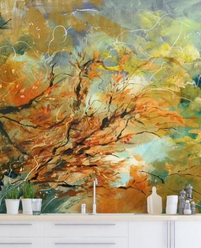 oransje og grått tilpassbart abstrakt veggmaleri kalt Shimmering Rays av Anne Farrall Doyle