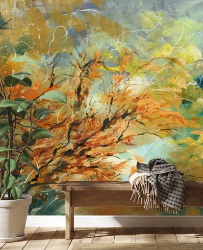 orange og grå tilpasselig abstrakt vægmaleri kaldet Shimmering Rays af Anne Farrall Doyle