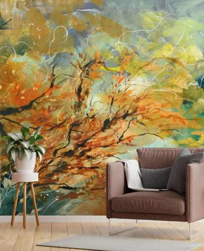 oranje en grijze aanpasbare abstracte muurschildering genaamd Shimmering Rays van Anne Farrall Doyle