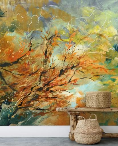 oranje en grijze aanpasbare abstracte muurschildering genaamd Shimmering Rays van Anne Farrall Doyle