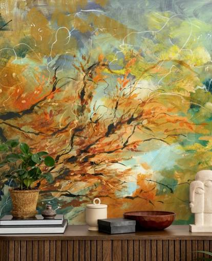 oransje og grått tilpassbart abstrakt veggmaleri kalt Shimmering Rays av Anne Farrall Doyle oransje og grått tilpassbart abstrakt veggmaleri kalt Shimmering Rays av Anne Farrall Doyle