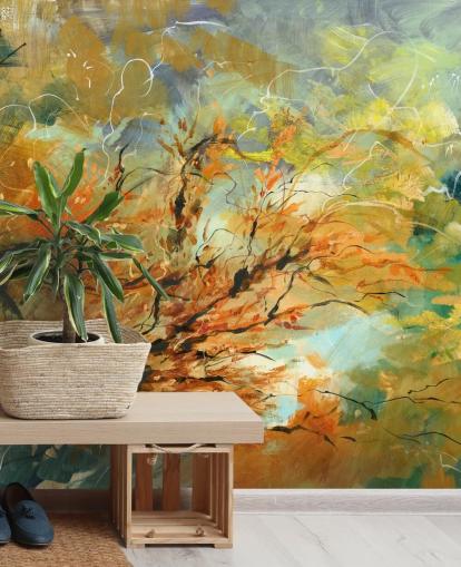 oranje en grijze aanpasbare abstracte muurschildering genaamd Shimmering Rays van Anne Farrall Doyle