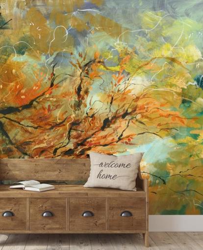 peinture murale abstraite personnalisable orange et grise intitulée Shimmering Rays par Anne Farrall Doyle