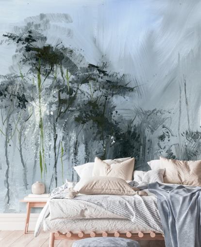 murale astratto grigio personalizzabile chiamato Winter Woodland di Anne Farrall Doyle per cucine, salotti e camere da letto
