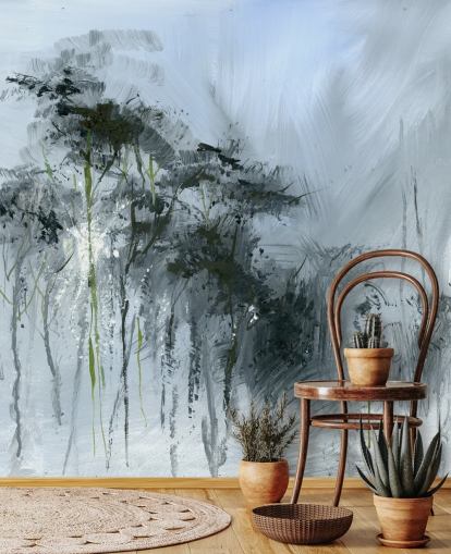 fresque murale abstraite grise personnalisable appelée Winter Woodland par Anne Farrall Doyle pour les cuisines, les salons et les chambres