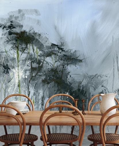 grijze aanpasbare abstracte muurschildering genaamd Winter Woodland van Anne Farrall Doyle voor keukens, woonkamers en slaapkamers