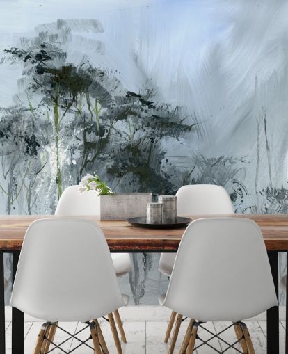 mural de pared abstracto personalizable gris llamado Winter Woodland de Anne Farrall Doyle para cocinas, salas de estar y dormitorios