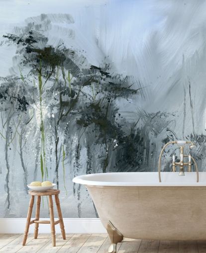 grijze aanpasbare abstracte muurschildering genaamd Winter Woodland van Anne Farrall Doyle voor keukens, woonkamers en slaapkamers