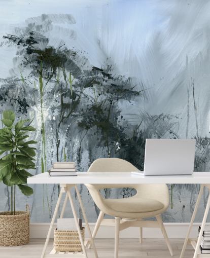 grijze aanpasbare abstracte muurschildering genaamd Winter Woodland van Anne Farrall Doyle voor keukens, woonkamers en slaapkamers grijze aanpasbare abstracte muurschildering genaamd Winter Woodland van Anne Farrall Doyle voor keukens, woonkamers en slaapkamers