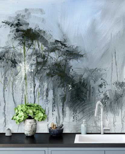 grå anpassningsbar abstrakt väggmålning kallad Winter Woodland av Anne Farrall Doyle för kök, vardagsrum och sovrum grå anpassningsbar abstrakt väggmålning kallad Winter Woodland av Anne Farrall Doyle för kök, vardagsrum och sovrum