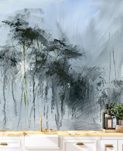 mural de pared abstracto personalizable gris llamado Winter Woodland de Anne Farrall Doyle para cocinas, salas de estar y dormitorios