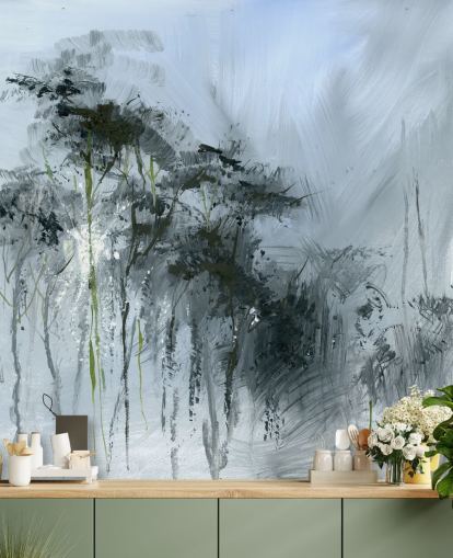 grå tilpassbar abstrakt veggmaleri kalt Winter Woodland av Anne Farrall Doyle for kjøkken, stuer og soverom