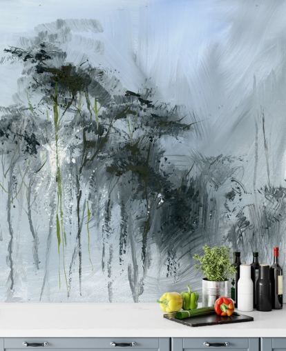 grijze aanpasbare abstracte muurschildering genaamd Winter Woodland van Anne Farrall Doyle voor keukens, woonkamers en slaapkamers grijze aanpasbare abstracte muurschildering genaamd Winter Woodland van Anne Farrall Doyle voor keukens, woonkamers en slaapkamers