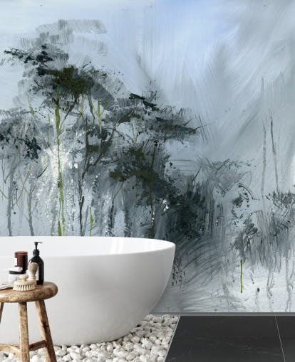 murale astratto grigio personalizzabile chiamato Winter Woodland di Anne Farrall Doyle per cucine, salotti e camere da letto