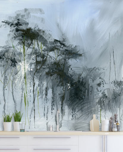 grå anpassningsbar abstrakt väggmålning kallad Winter Woodland av Anne Farrall Doyle för kök, vardagsrum och sovrum