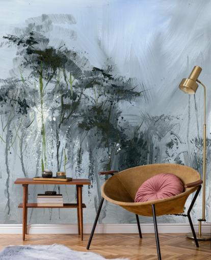 fresque murale abstraite grise personnalisable appelée Winter Woodland par Anne Farrall Doyle pour les cuisines, les salons et les chambres