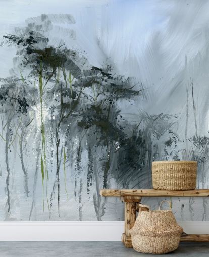grå anpassningsbar abstrakt väggmålning kallad Winter Woodland av Anne Farrall Doyle för kök, vardagsrum och sovrum grå anpassningsbar abstrakt väggmålning kallad Winter Woodland av Anne Farrall Doyle för kök, vardagsrum och sovrum