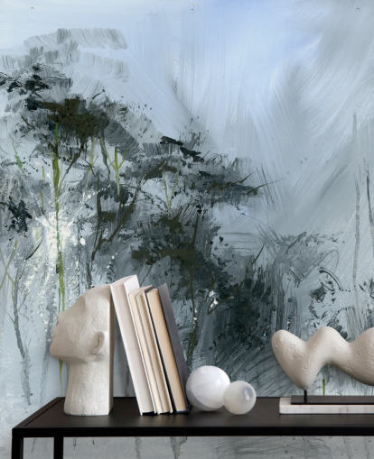 grijze aanpasbare abstracte muurschildering genaamd Winter Woodland van Anne Farrall Doyle voor keukens, woonkamers en slaapkamers grijze aanpasbare abstracte muurschildering genaamd Winter Woodland van Anne Farrall Doyle voor keukens, woonkamers en slaapkamers