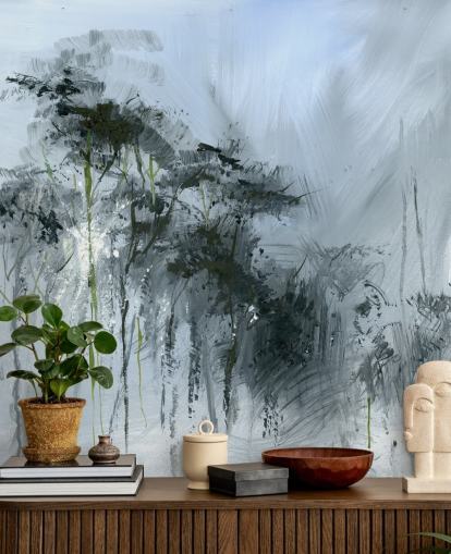 murale astratto grigio personalizzabile chiamato Winter Woodland di Anne Farrall Doyle per cucine, salotti e camere da letto