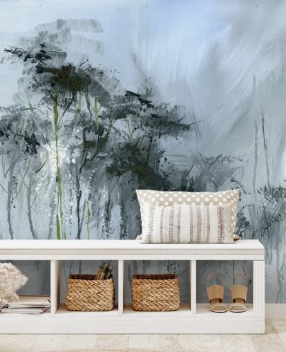 murale astratto grigio personalizzabile chiamato Winter Woodland di Anne Farrall Doyle per cucine, salotti e camere da letto