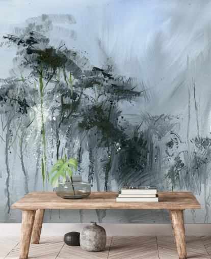 grå anpassningsbar abstrakt väggmålning kallad Winter Woodland av Anne Farrall Doyle för kök, vardagsrum och sovrum