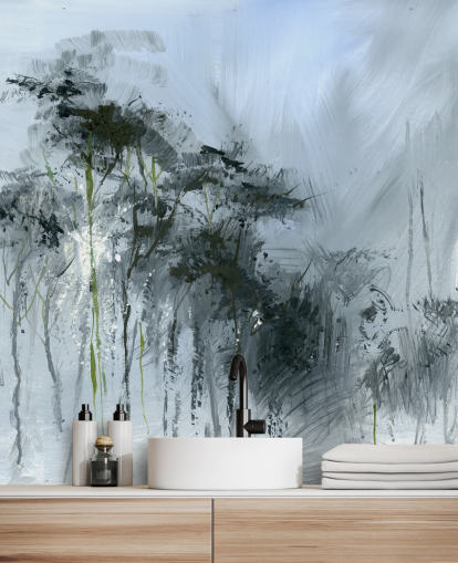 fresque murale abstraite grise personnalisable appelée Winter Woodland par Anne Farrall Doyle pour les cuisines, les salons et les chambres