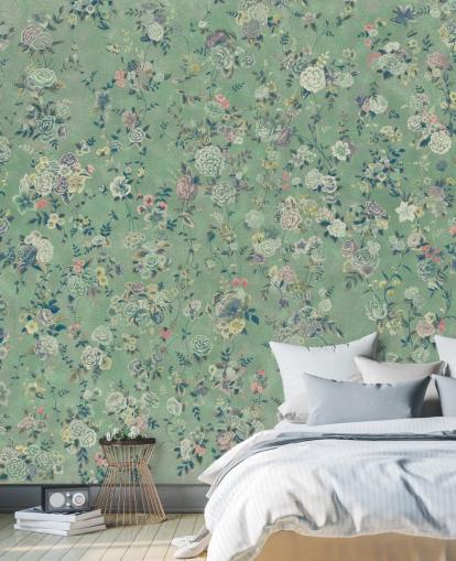 groene aanpasbare bloemenmuurschildering genaamd Aureline van Loris Drago voor eetkamers en woonkamers