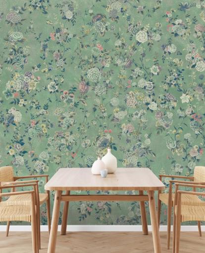 peinture murale florale verte personnalisable appelée Aureline par Loris Drago pour les salles à manger et les salons