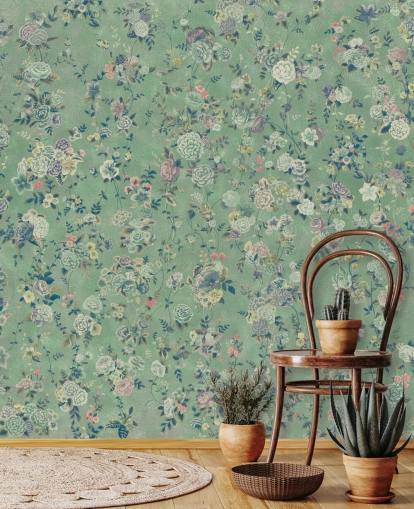 groene aanpasbare bloemenmuurschildering genaamd Aureline van Loris Drago voor eetkamers en woonkamers