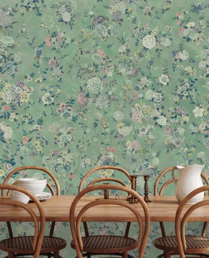 groene aanpasbare bloemenmuurschildering genaamd Aureline van Loris Drago voor eetkamers en woonkamers