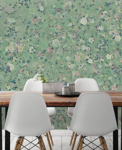 green customisable floral mural called Aureline by Loris Drago for dining rooms and living rooms