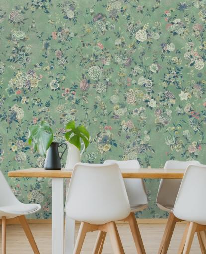 green customisable floral mural called Aureline by Loris Drago for dining rooms and living rooms