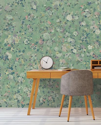 green customisable floral mural called Aureline by Loris Drago for dining rooms and living rooms