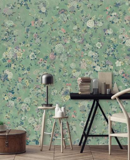 grünes personalisierbares Blumenwandbild namens Aureline von Loris Drago für Esszimmer und Wohnzimmer