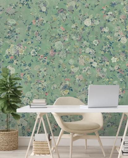 green customizable floral mural called Aureline by Loris Drago for dining rooms and living rooms