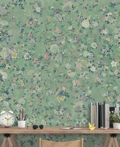 groene aanpasbare bloemenmuurschildering genaamd Aureline van Loris Drago voor eetkamers en woonkamers groene aanpasbare bloemenmuurschildering genaamd Aureline van Loris Drago voor eetkamers en woonkamers