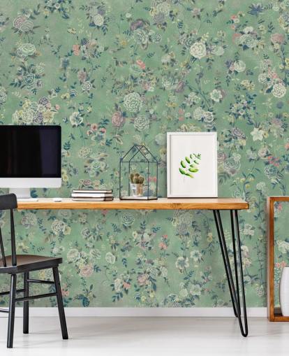 green customizable floral mural called Aureline by Loris Drago for dining rooms and living rooms