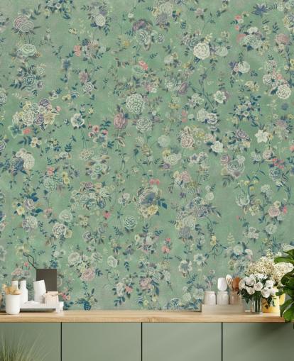 green customisable floral mural called Aureline by Loris Drago for dining rooms and living rooms