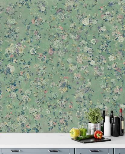 murale floreale verde personalizzabile chiamato Aureline di Loris Drago per sale da pranzo e salotti