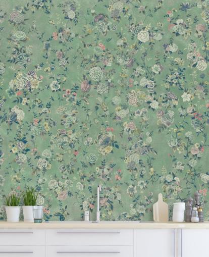 green customisable floral mural called Aureline by Loris Drago for dining rooms and living rooms