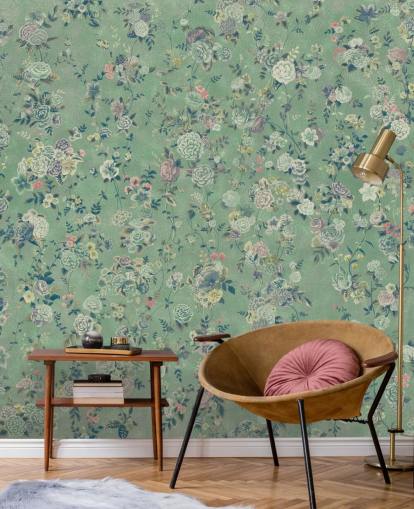 groene aanpasbare bloemenmuurschildering genaamd Aureline van Loris Drago voor eetkamers en woonkamers groene aanpasbare bloemenmuurschildering genaamd Aureline van Loris Drago voor eetkamers en woonkamers